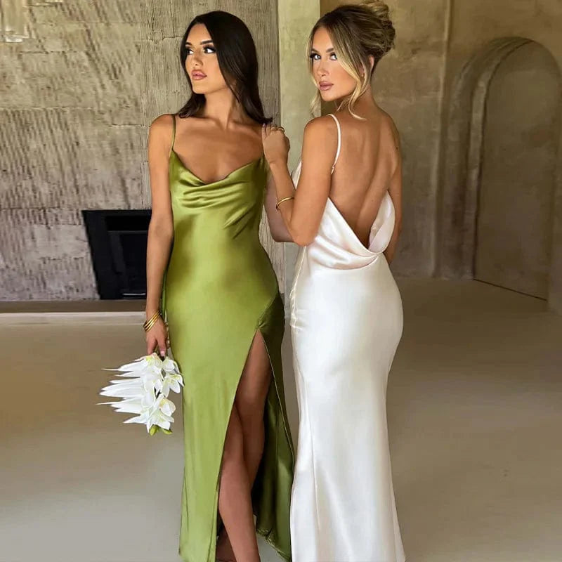 Robe Demoiselle d'Honneur Longue Dos Nu en Satin - Élégance Assurée