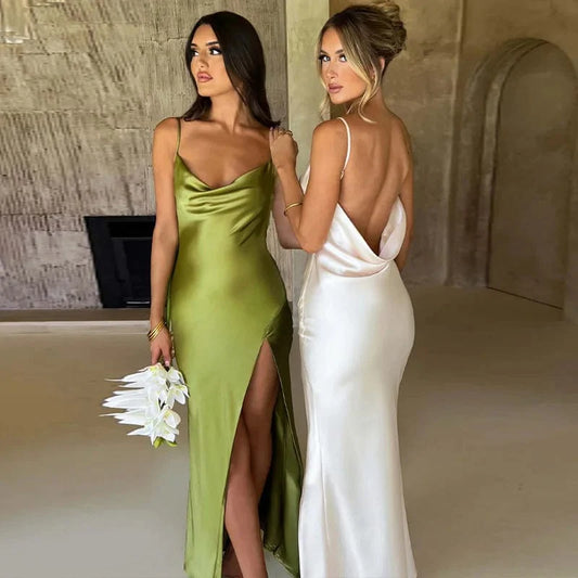 Robe Demoiselle d'Honneur Longue Dos Nu en Satin - Élégance Assurée