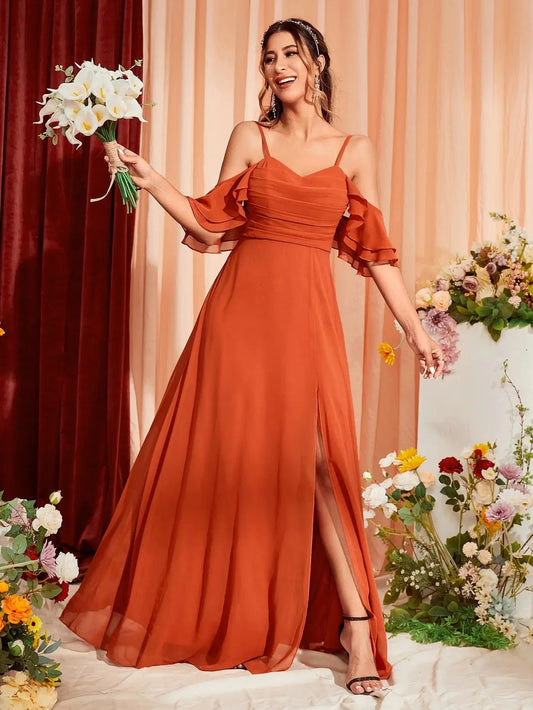 Robe demoiselle d'honneur longue en terracotta