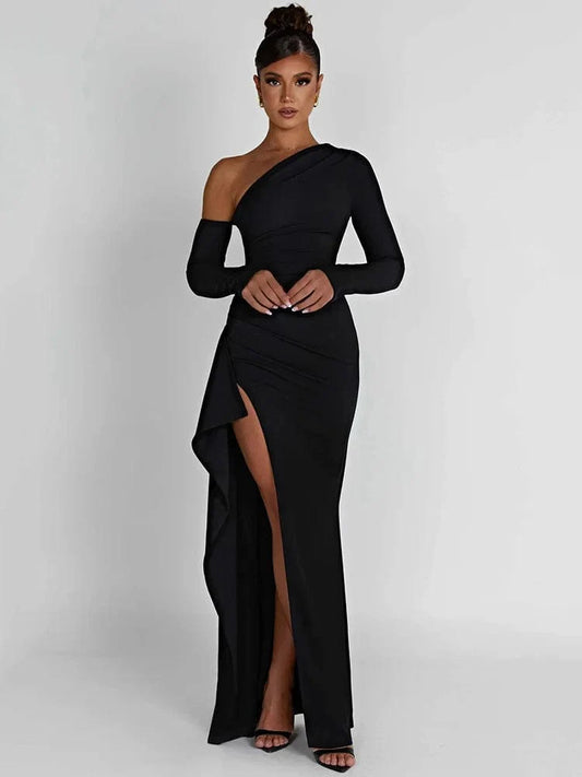 Robe Glamour Fendue avec Épaule Dénudée