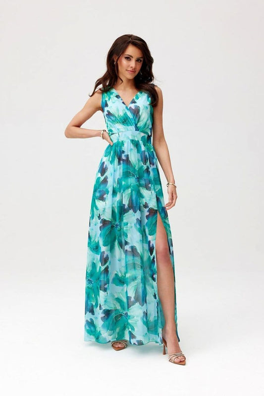 Robe Fleurie Longue et Fendue - Sans Manches