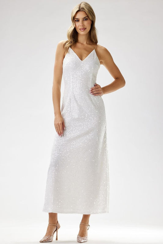 Robe de soirée paillettes chic longue à bretelles.